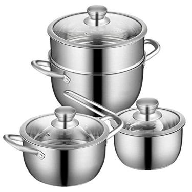 Imagem de Conjunto de panelas e frigideiras de aço inoxidável de 3 peças, seguro para indução, panela, pote de leite, com tampa de vidro temperado, alça confortável, adequado para vários fogões a gás e indução