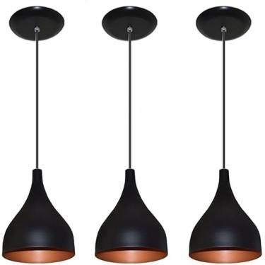 Imagem de Kit 3 Lustres Luminaria Pendente Modelo Funil - Ideal para balcão cozinha americana, bancada (Preto com Cobre)
