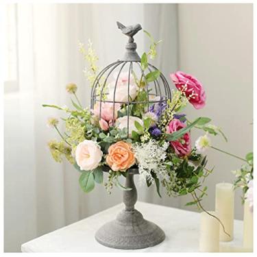 Imagem de DCYEQRQ Flores artificiais para decoração, flores artificiais com vaso de gaiola vintage, hortênsia falsa, arranjos falsos em vaso para casa, mesa, escritório, mesa, decoração, fluxo artificial