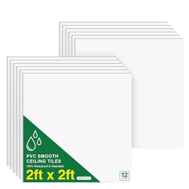 Imagem de NEWPEAS Azulejos de teto de queda suave 6 m x 0,6 m - PVC premium para evitar quebras - à prova d'água, classificação de fogo, fácil instalação - telhas de teto 61 cm x 61 cm, branco, pacote com 12