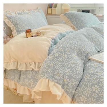 Imagem de Capa de colcha de renda espessa para meninas, lençol de flanela, veludo coral leite, quatro peças, inverno (lençol de cama azul de 2 m)