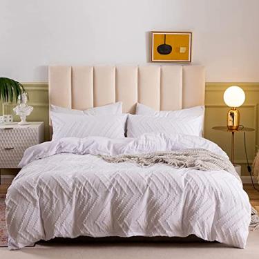 Imagem de Capa de edredom ondulada de cor sólida, capa de edredom ultramacia respirável com zíper oculto, capa de edredom texturizada boho - branco Queen: 228 x 228 cm (90 x 90 polegadas) (branco super king