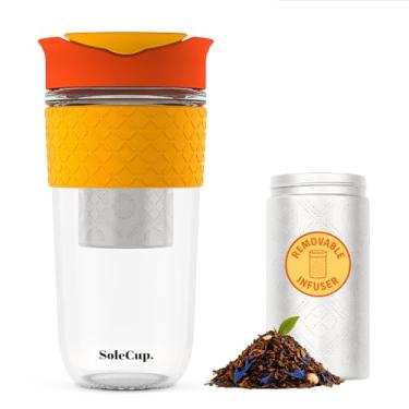 Imagem de SoleCup. Caneca de viagem grande infusor de chá solto - coador de chá removível com tampa à prova de derramamento - 530 ml sem BPA copo de café de viagem de vidro reutilizável com faixa de silicone