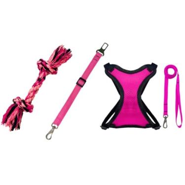 Imagem de Kit coleira peitoral colete cinto de segurança pet osso mordedor limpeza bucal cães e gatos(Rosa,M)