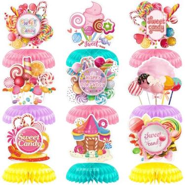 Imagem de 9 peças de decoração de favo de mel para festa Candyland, decorações de mesa com tema de pirulito para meninas, meninos, decoração de festa de aniversário com tema de doces coloridos (pirulito)
