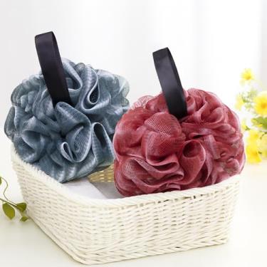 Imagem de Bucha de chuveiro, 2 peças de esponja de banho de malha de 50 g para mulheres, buchas macias, esfoliante para limpeza diária do corpo, azul marinho + vermelho