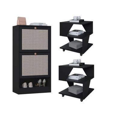 Imagem de Kit Sapateira 2 Portas E 2 Mesas De Cabeceira/centro Poquema Preto