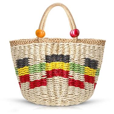 Imagem de QTKJ Bolsa de praia para mulheres, bolsa de palha de verão, bolsa de cesta de treliça colorida, bolsa de vime tecida à mão, bolsa grande adequada para viagens de férias e trabalho, Bege, Large