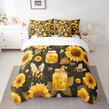 Imagem de Jogo de lençol casal reversível de 7 peças, mel, girassol, mel, amarelo e preto (1 edredom 2 fronhas, 1 lençol de cima, 1 lençol com elástico e 2 fronhas)