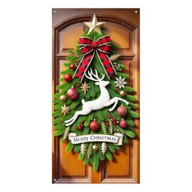 Imagem de BlissYard Capa de porta de Natal, faixa de rena, 89 x 188 cm, enfeite de laço xadrez, decoração de férias, entrada de estrela, cenário festivo para pendurar na parede, decoração de varanda sazonal