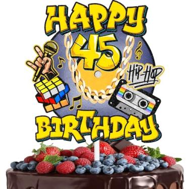 Imagem de Topo de bolo hip hop masculino e feminino 45º aniversário feliz retrô 70s 80s 90s decorações, festa de aniversário, festa de aniversário, fita cassete de festa de rock, suprimentos de decoração de