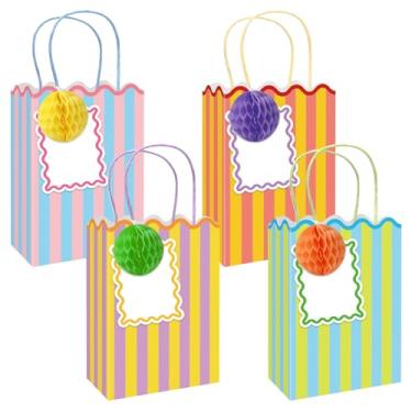 Imagem de FYSUIMU Conjunto de 16 sacos de papel listrados coloridos com bola de favo de mel e etiqueta, sacos de guloseimas recortadas com alças para lembrancinhas de festa de casamento de aniversário