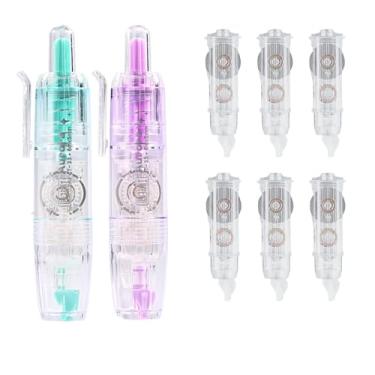 Imagem de WISOPTUS Fita corretiva branca retrátil recarregável, 2 fitas de secagem rápida com 6 refis extras, fita corretiva em forma de caneta estética fofa para material de escritório escolar (roxo + verde)