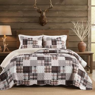 Imagem de HORIMOTE HOM Conjunto de colcha rústica tamanho solteiro – 2 peças de colcha xadrez reversível estilo country com 1 fronha, colcha acolchoada de microfibra macia para todas as estações