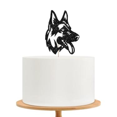 Imagem de Topo de bolo de pastor alemão, decoração de bolo de aniversário de cachorro, topo de bolo preto com glitter para crianças, decoração de festa de aniversário/dia de adoção com tema de animal de