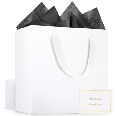 Imagem de EUSOAR Sacos de presente brancos, 20 peças de 31,8 x 11,4 x 28 cm, sacos de presente grandes com alças, 50 peças de papel de seda preto de 50,8 x 76,2 cm e 20 peças de cartões brancos em branco, sacos