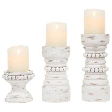 Imagem de MODE HOME Conjunto de 3 castiçais de madeira rústica, suporte de vela de pilar de madeira com contas de fazenda, castiçais para velas e castiçais, suporte de vela para decoração de mesa
