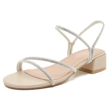 Imagem de Enelauge Sandálias femininas de strass com bico aberto e bico aberto, salto grosso, costas nuas, verão, férias, festa, casamento, sapatos, Nude., 40