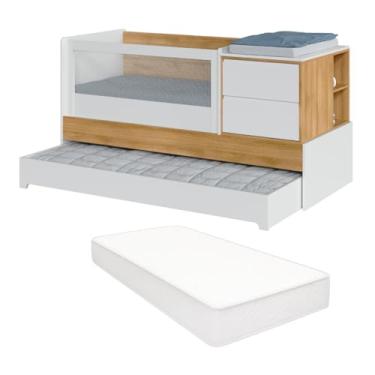 Imagem de Berço Multifuncional com Cômoda Acoplada e Cama Auxiliar Colchão Padrão Americano Sol e Mar Transformável em Cama de Solteiro e Escrivaninha MDF e Laca UV Divicar (Branco/Carvalho Treviso)