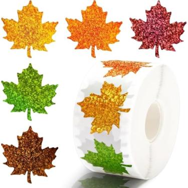 Imagem de 1 rolo 500 peças de adesivos de outono folha de bordo de ação de graças, 5 cores de outono de folha de bordo autoadesivo a laser brilhante para suprimentos de festa de outono envelope decoração de