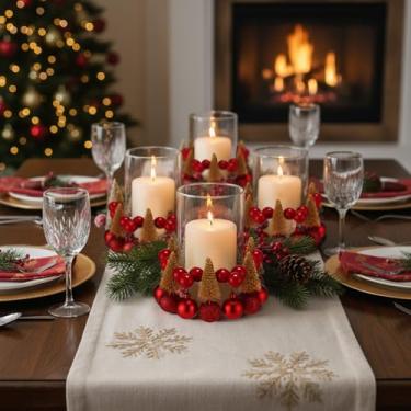 Imagem de AceOrbit 8 peças de anéis de vela de Natal, grinaldas, mini grinaldas DIY com bola de árvore de Natal, guirlanda de frutas vermelhas, suporte de vela para Natal, casamento, casa, armários de cozinha