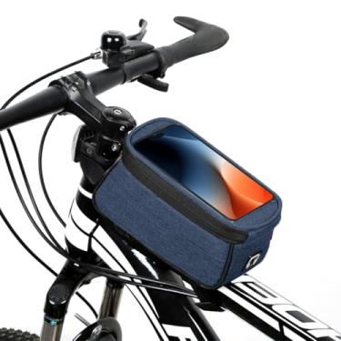 Imagem de Qisan Bolsa frontal para celular de bicicleta, capacidade de 1,5 L, bolsa de tubo de bicicleta, bolsa de ciclismo, compatível com telefone com menos de 17 cm, acessórios de ciclismo - azul