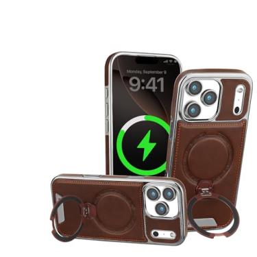 Imagem de SFDSUH Capa de couro premium com suporte magnético giratório em metal para iPhone 16e (para iPhone 16e/Café)