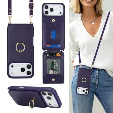 Imagem de Lipvina Capa para iPhone 17 Pro com suporte para cartão e alça para mulheres, cordão transversal, suporte de anel, fecho de pressão, capas de carteira de telefone fofas de 6,3 polegadas (roxo escuro)