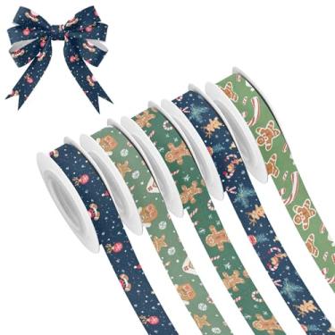Imagem de SEHANY 5 rolos de fita de Natal 0,59 polegadas 5 jardas fitas de tecido de gengibre de Natal fitas de cetim festivas fitas decorativas de Natal para embrulho de presente faça você mesmo artesanato