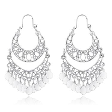 Imagem de Brincos de lustre banhados a ouro 18 K com filigrana grande banhado a ouro para mulheres, joias indianas para presentes femininos, Large, Aço inoxidável Latão Prata, Sem pedra preciosa