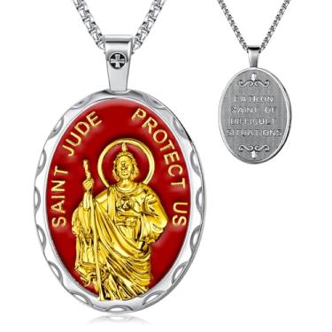 Imagem de OigvcoTe Pingente religioso de São Jude/São Cristóvão/São José/banhado a platina, colar de moedas grande, corrente de 19,69 + 5 cm, medalha de santo padroeiro católico, alto polimento., 19.69+2 Inches