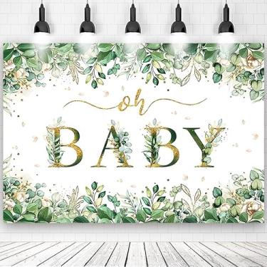 Imagem de Banner de decoração de chá de bebê Greenery Boy, fundo floral verde sálvia Oh Baby, glitter dourado deixa gênero neutro, 1,5 x 1 m