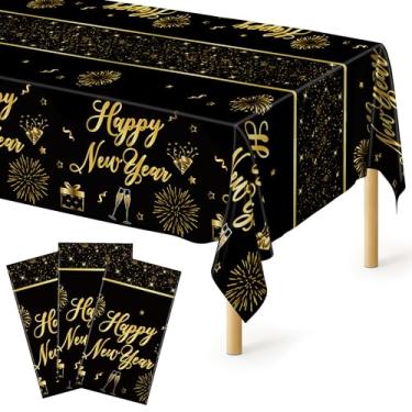 Imagem de Toalha de mesa de ano novo com 3 peças, capa de mesa descartável de plástico NYE 2026, toalha de mesa retangular de véspera de ano novo com design de fogos de artifício em ouro preto, capa de mesa à
