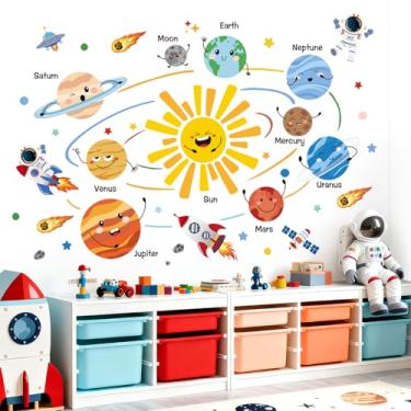 Imagem de decalmile Adesivos de parede planetas do espaço sideral foguete astronauta sistema solar decalques de parede meninos quarto adolescentes sala de jogos decoração de casa