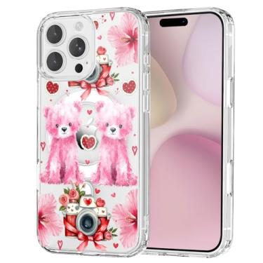 Imagem de OFQKOAKS Capa para iPhone 16 Pro Max, compatível com MagSafe, linda câmera romântica com urso floral, capa protetora fina e transparente para amantes