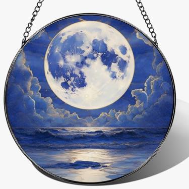 Imagem de LAOWEIKI Ornamento de apanhador de sol lua cheia sobre o oceano de 20 cm, pendurado em vitrais, apanhadores de sol para pendurar em janelas, decoração de janela | Presente ideal, Dia das Mães, Natal