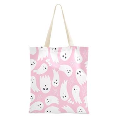 Imagem de JUZIHAI Sacola de lona de Halloween, bolsa temática reutilizável Halloween Boo com bolso interno, bolsa de viagem para festa de compras de grande capacidade