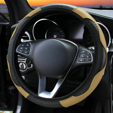 Imagem de Knonip Capa de volante de couro de fibra de carbono, estilo esportivo, confortável, resistente ao desgaste, ajuste universal para roda de 35 a 38 cm, acessórios interiores de carro para todas as