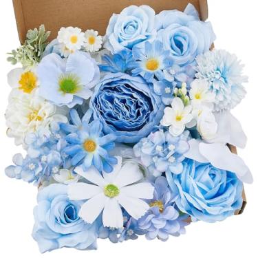 Imagem de INFUNLY Conjunto de 32 peças de flores artificiais azuis claras, flores falsas com hastes de 7,6 cm, 20 estilos, peônia sintética, floral, buquês de noiva, arranjos florais para casamento, festivais