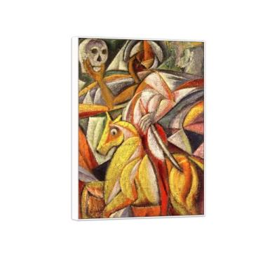 Imagem de BMZFYBS David Burliuk Famosas impressões em tela de arte de parede prontas para pendurar. Cavaleiro. Pintura com moldura branca para decoração de sala de estar 90 x 125 cm 35 x 49 pol