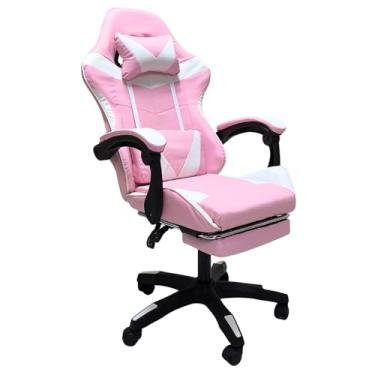 Imagem de Cadeira Gamer Rosa com Apoio de Pés e Cabeça Almofada Ergonômica, Encosto Reclinável e Altura Ajustável