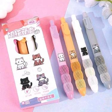 Imagem de Kit 4 Canetas de Gel Gatinho, Tinta Preta, Escrita Suave, Ponta Fina 0.5mm, Design Retrátil, Ergonômicas, Estilo Kawaii, Cores Rosa, Laranja, Branco e Cinza