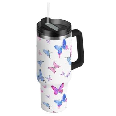 Imagem de Joisal Copo de 850 g com alça copos de aço inoxidável com tampa e canudo à prova de derramamento, garrafa de água isolada, cabe em copo de carro, aquarela, rosa, azul, borboletas, brancas