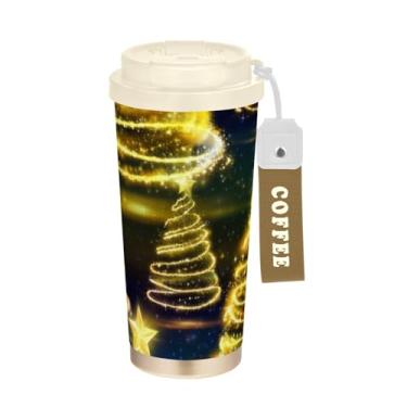 Imagem de TSENQUE Copo de café de 473 ml com canudo e tampa, revestimento cerâmico, isolamento a vácuo, caneca de café de aço inoxidável à prova de vazamento, árvores de Natal elegantes brilhantes