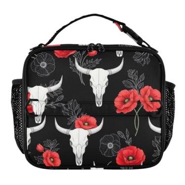 Imagem de Joisal Lancheira preta personalizada com caveiras de touro brancas para mulheres e meninas, alça de ombro ajustável, lancheira masculina e infantil para trabalho, bolsa isolada divertida rosa