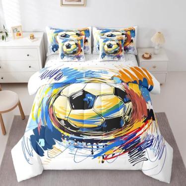 Imagem de Feelyou Jogo de cama queen para meninos, futebol, esportivo, 7 peças, com lençol para crianças, estilo grafite, branco, colorido