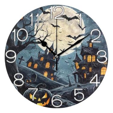 Imagem de GAIGEO Relógio de parede analógico decorativo relógio de cozinha bonito redondo sem tique-taque silencioso, decoração de parede de meados do século, sala de estar, morcegos de Halloween, abóbora, 25