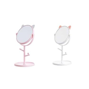 Imagem de 20x10 cm Espelho de Mesa com Organizador de Bijuterias, Mini Penteadeira Porta Joias no Estilo Gatinha/Felinino, com Prateleira(1pç rosa)