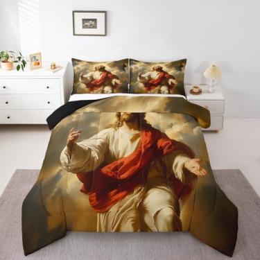 Imagem de Homewish Jogo de cama solteiro com versículos da Bíblia, céu de nuvem dourada, 2 peças, para decoração de quarto de crianças, meninas, meninos, adultos, tema de versículos da Bíblia, edredom retrô, 1