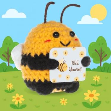 Imagem de Presentes de abelha feliz – estatuetas de boneca de abelha tricotadas positivas feitas à mão com pingente de sorte de abraço de bolso, presente de boa sorte e apoio emocional, presentes de aniversário